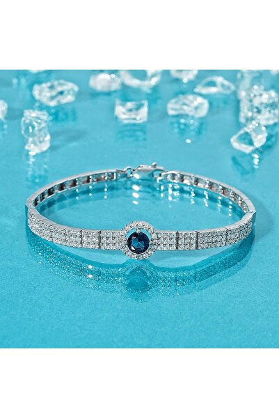 Gümüş Pazarım Safir Renkli Kemerli Su Yolu Gümüş Bileklik