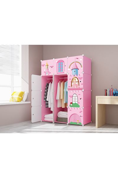 OEM Dulap Modular Copii - 12 Rafturi, Roz Castel, Printese, Durabil si Rezistent
