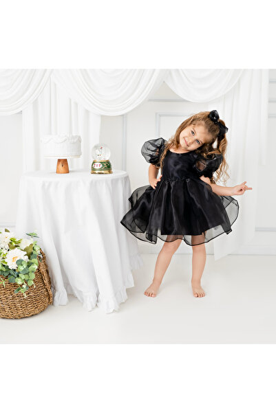 sara tasarım Black Balloon Sleeve Organza Girl's Party Wedding Dress with Hai...