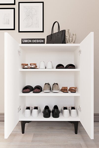 umondesign 4 Raflı 2 Kapaklı Ayakkabılık Çok Amaçlı Dolap Dekoratif Ayaklı Beyaz