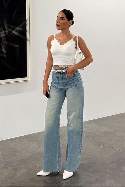 Madmext Pantaloni de jeans de damă albastru deschis cu buzunar frontal Mg2500