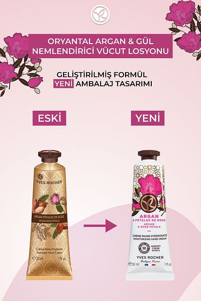 Yves Rocher Hand Cream - Moisturizing Nourishing Oriental Argan Rose - Vegan-30Ml
