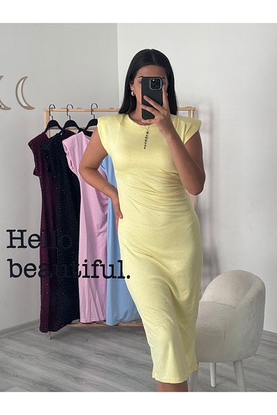 badibadii Crew Neck Padded Stone Detailed Slit Double Fabric Dress