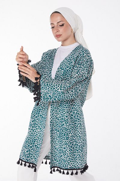 TOFİSA Kimono verde cu ciucuri drept mediu pentru femei - 13213
