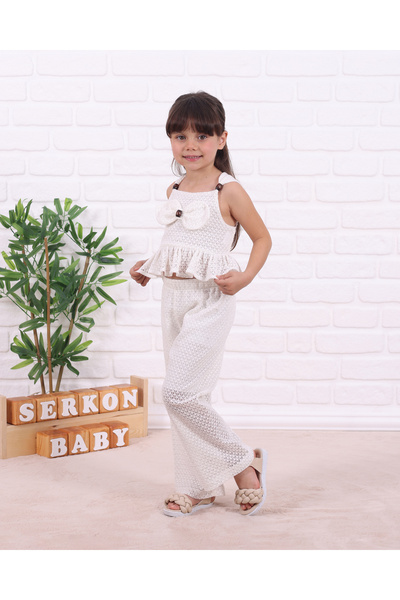 Serkon BABY Front Bow Crop Strap Mesh Lace 100% Cotton Lined Girls' Pants Set