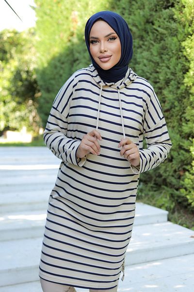 TOFİSA Women's Crew Neck Striped Crested Tunic - 26564 Navy Blue - 26564