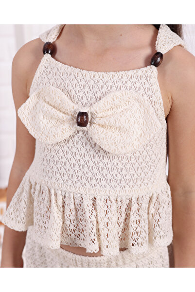 Serkon BABY Front Bow Crop Strap Mesh Lace 100% Cotton Lined Girls' Pants Set