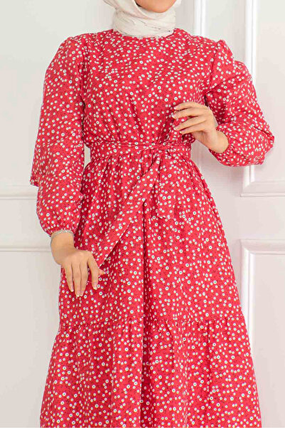 TOFİSA Patterned Sleeve Gathered Dress Red - 26623