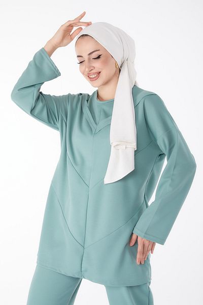 TOFİSA Women's Crew Neck Piece Detail Tunic and Loose Pants Bottom Top Set- 13139