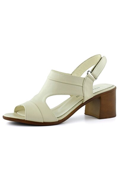 Erkan Saçmacı Kanne Beige Genuine Calfskin Velcro Strap Thick Heeled Comfortable Daily Sandals