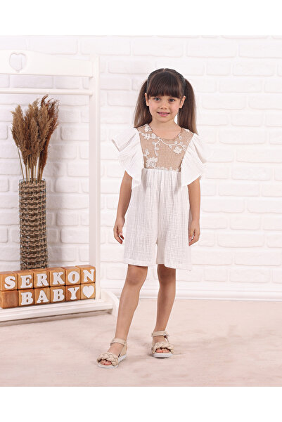 Serkon BABY 100% Cotton Muslin Girl's Jumpsuit with Lace Detail on the Front and Ruffles