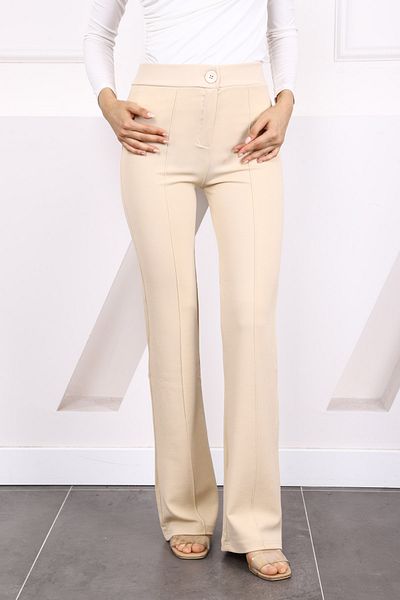 İmajButik Παντελόνι μπεζ Grass Lycra με φαρδύ πόδι