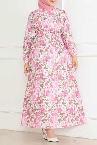 TOFİSA Patterned Sleeve Gathered Dress Pink - 26621