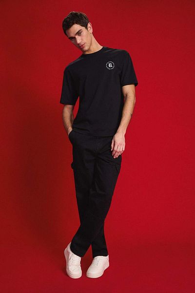 DeFacto 100% Cotton Relax Fit Comfortable Fit Regular Waist Wide Leg Cargo Pocket Black Jean Pants E3435Ax25Sp