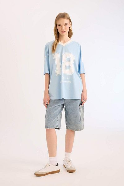 DeFacto Coool Oversize Wide Fit V-Neck Printed Short Sleeve T-Shirt E4619Ax25Sm