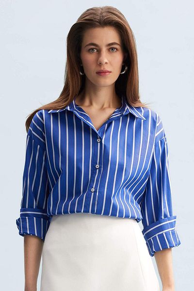 DeFacto Cămașă oversize cu mânecă lungă din poplin cu dungi largi E6615AX25SP