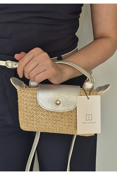 İzel Çakran Georgina Silver Cover Detailed Summer Mini Straw Hand & Shoulder Bag