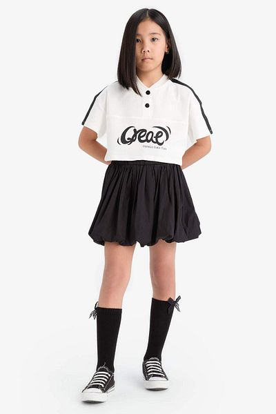 DeFacto Girls Crop Crew Neck Button Printed Short Sleeve T-Shirt E1881A825Sm