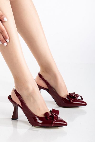 Von Bond Jazz Women's Patent Leather Burgundy Open Back Bow Detailed Heeled Shoes