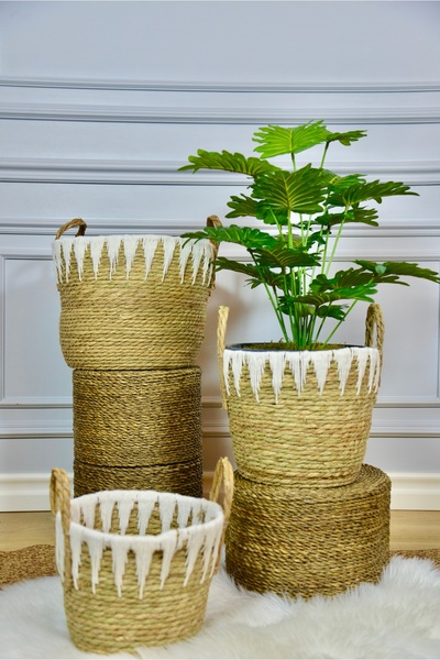 SepetçiBaba Native - 3'lü Hasır Makromeli Sele Saksılık Seti Beyaz - 63