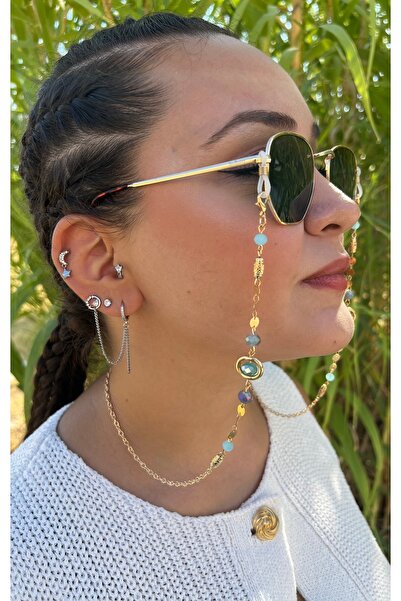 LUMAKS Eyeglass Chain Gold Color Turquoise Stone Detailed Stylish Design