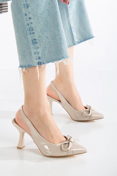 Von Bond Milena Women's Patent Leather Beige Thin Bow Heeled Shoes