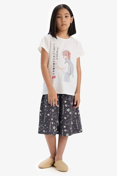 DeFacto Girls' Pajamas Set Printed Short Sleeve Top Capri Bottom E2227A825Sm