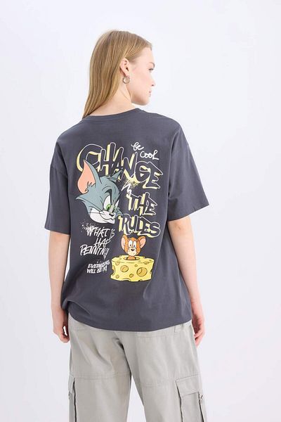 DeFacto Tricou supradimensionat cu imprimeu Tom & Jerry - decolteu, imprimeu pe spate, mânecă scurtă D9100AX25SM