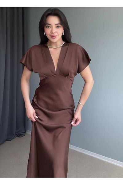 Hotfashion فستان ستان بني نسائي