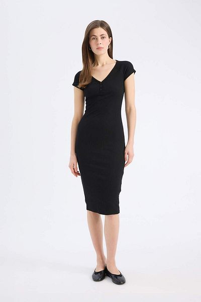 DeFacto Rochie midi cu mânecă scurtă, cu decolteu în V, cu decolteu în V, E7368AX25SP
