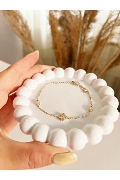 GIFTPALACE Vip Kararmaz Paslanmaz Zirkon Taşlı Yonca Desen Çelik Bileklik 14K...