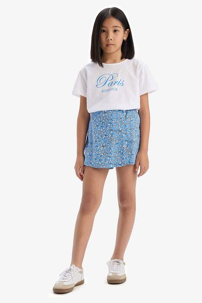 DeFacto Set 2 bucăți pentru fete, tricou cu mânecă scurtă imprimat, pantaloni scurți cu flori, fustă E1259A825SM