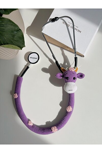 Sustaina Craft El yapımı Mor inekli steteskop kılıfı, örgü steteskop süsü, doktor için hediye, milka ineği