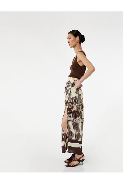 Koton Viscose Linen Blended Slit Detailed Patterned Long Skirt