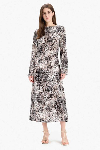 DeFacto Rochie midi marocană cu mâneci lungi, cu decolteu barcă, cu imprimeu leopard E5793AX25SP