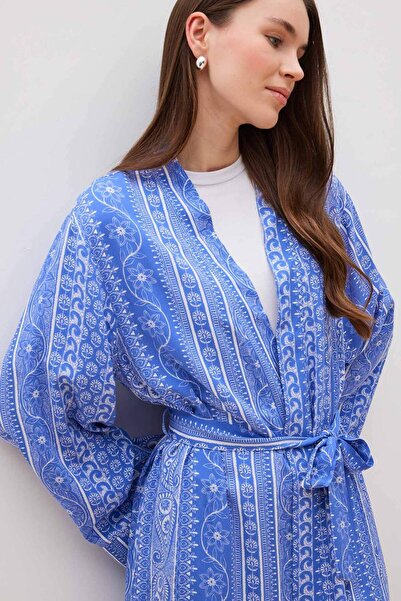 DeFacto Relax Fit V-Neck Ethnic Patterned Belted Long Kimono E8366Ax25Sp