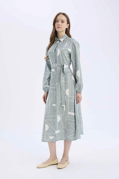 DeFacto Shirt Neckline Print Aerobin Long Sleeve Belted Midi Dress C2501Ax25Sp