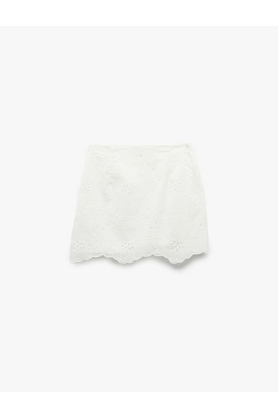 Koton Cotton Lined Scalloped Floral Brode Detailed A-Line Mini Skirt