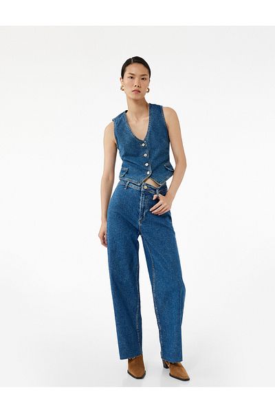 Koton High Waist Relaxed Fit Wide Leg Cotton Jean Pants - Culotte Jeans