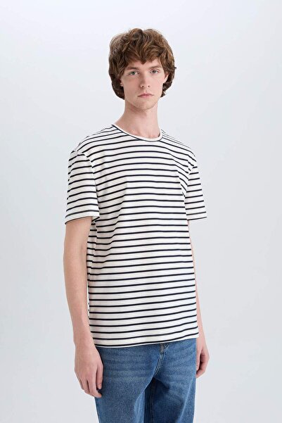 DeFacto 100% Cotton Regular Fit Crew Neck Striped Short Sleeve T-Shirt E5180Ax25Sm