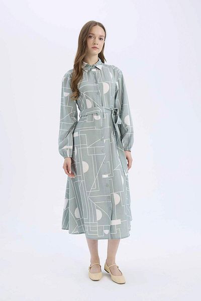 DeFacto Shirt Neckline Print Aerobin Long Sleeve Belted Midi Dress C2501Ax25Sp