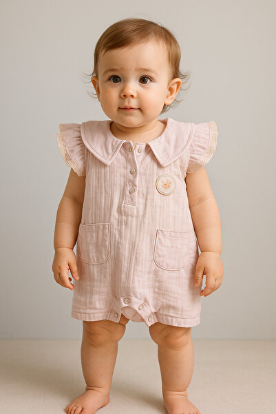 Necix's Armalı Müslin Pembe Şık Kız Tulum – %100 Pamuk Çıtçıtlı Tulum (Kollar...