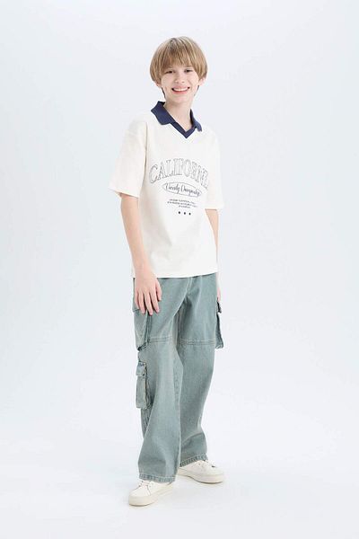 DeFacto Tricou cu mânecă scurtă cu imprimeu cu guler polo oversize pentru băiat D9180A825SM