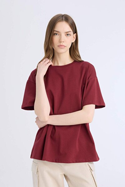 DeFacto Oversize Wide Fit Crew Neck Basic Plain Thick Short Sleeve Claret Red T-Shirt E4935Ax25Sp