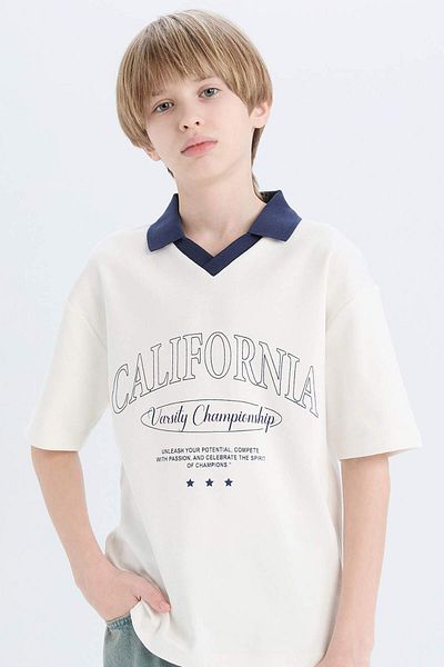 DeFacto Tricou cu mânecă scurtă cu imprimeu cu guler polo oversize pentru băiat D9180A825SM
