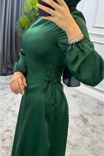 Suedcollection Satin Evening Dress Emerald with Side Tie