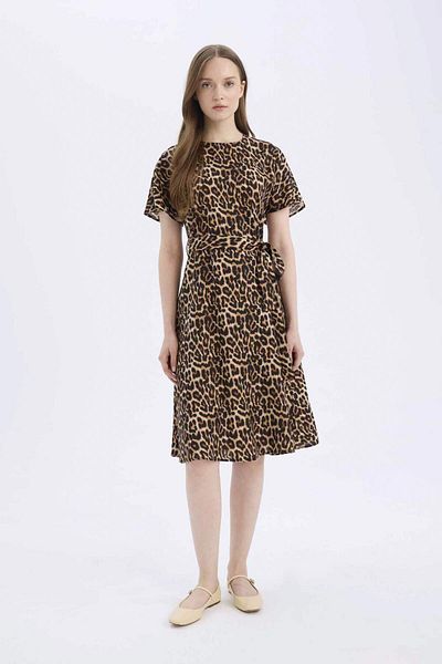 DeFacto Rochie midi cu mânecă scurtă cu curea cu model leopard, cu decolteu rotund, E7113AX25SP