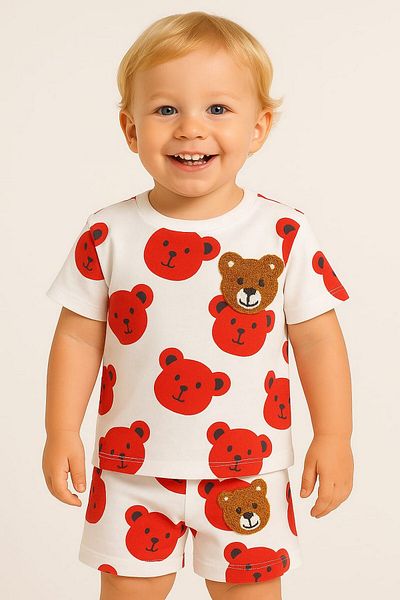 dinamik çocuk 2-Piece Embroidered Top and Bottom Set for Boys and Girls - Thin Short Sleeve Summer Set with Teddy Bear