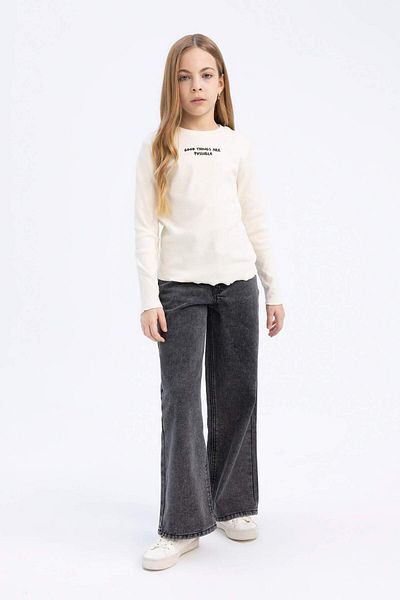 DeFacto Girls Slim Fit Slim Fit Crew Neck Printed Ribbed Camisole Long Sleeve T-Shirt D8565A825Sp