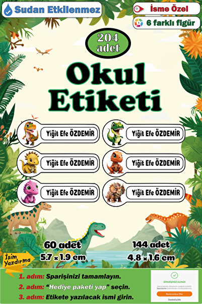 GSticker İsme Özel Okul Etiketi Kalem Defter Etiketi Sticker Kız Çocuk Dinozo...